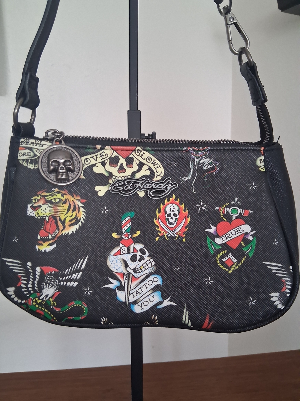 Ed Hardy Black Tattoo-Print Wristlet with Multicolor Motifs